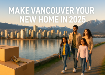 A family arriving in Vancouver, framed by moving boxes and the iconic skyline with mountains behind.