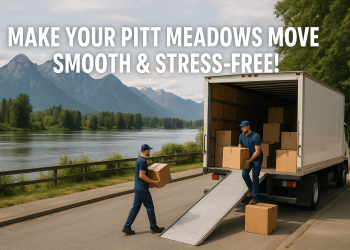 Moving truck by the Fraser River in Pitt Meadows, with movers carrying boxes and mountain scenery behind.
