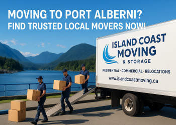A moving truck with professionals unloading boxes at Harbour Quay, Port Alberni, framed by ocean and mountain scenery.