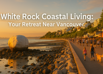 Goldenโhour beach scene with the iconic white rock and families enjoying seaside life in White Rock, BC.