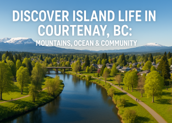 Scenic view of Courtenay, BC featuring river, forest, homes, and Mount Washington in the background.