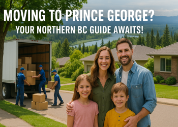 Family and movers by a truck in a tree-lined Prince George neighborhood, with rivers and mountains in the background—creating a warm, hopeful introduction