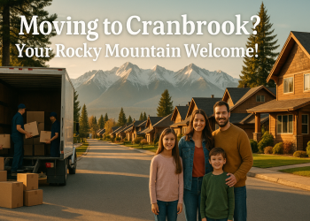 A welcoming scene with a moving truck, family, and movers in a sunny Cranbrook neighborhood with mountain views—evoking warmth and excitement