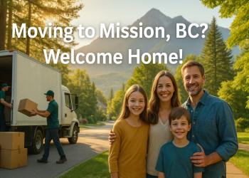 A family and movers unloading boxes beside a moving van, with mountain views and leafy Mission neighborhood in the background