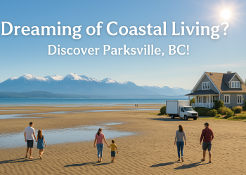 Scenic view of Parksville, BC’s Rathtrevor Beach with families, moving truck, and snow-capped mountains.