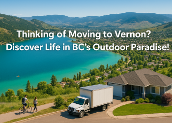 Scenic view of Vernon, BC with lakes, hills, and a moving truck in a neighborhood foreground.