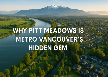 Aerial landscape of Pitt Meadows with the Fraser River, forest trails, and Golden Ears mountains in view, evoking natural charm and peaceful living.