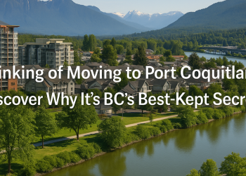 Scenic view of Port Coquitlam with condos, homes, mountains, and the Fraser River, highlighting the city’s blend of urban and natural living.