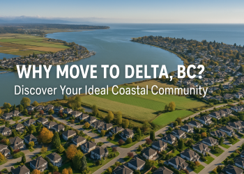 Aerial view of Delta BC highlighting North Delta, Ladner, and Tsawwassen with natural and urban elements.
