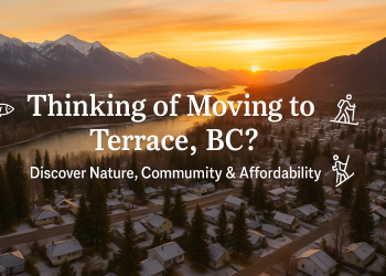 Aerial view of Terrace, BC showing the Skeena River, mountain backdrop, and cozy homes — highlighting the city’s outdoor charm and livability.