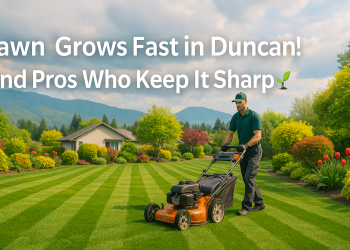 A beautifully mowed lawn in a Duncan, BC neighborhood, with a lawn care professional at work under a spring sky, symbolizing expert local lawn maintenance services.