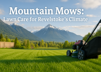 Revelstoke backyard with a freshly trimmed lawn, a mower visible, and Columbia Mountains in the background under soft sunlight—highlighting mountain-specific lawn care in action.