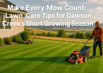 Freshly mowed Dawson Creek lawn with a backdrop of northern hills, symbolizing strategic lawn care during the region’s brief summer season.