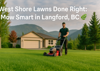 A healthy, green Langford lawn freshly cut to 3 inches, framed by Vancouver Island forest and mountain backdrops, illustrating expert mowing practices in a mild coastal climate.