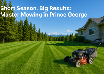 Freshly mowed lawn in Prince George, BC, surrounded by pine trees and a suburban home, illustrating proper lawn care for northern growing conditions and short summer seasons.