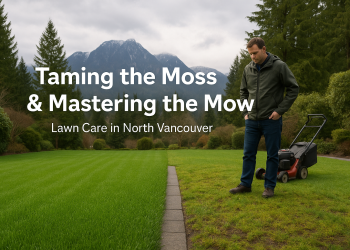 A freshly cut lawn beside a mossy patch in a North Vancouver yard, set against a backdrop of mountains and evergreens, illustrating the region’s rainforest conditions and specialized lawn care needs.