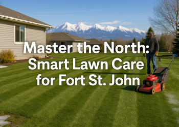 A freshly mowed lawn in Fort St. John, BC with visible mower stripes, a red self-propelled mower, and the snowy Rockies in the distance, illustrating seasonal lawn care challenges in northern British Columbia.