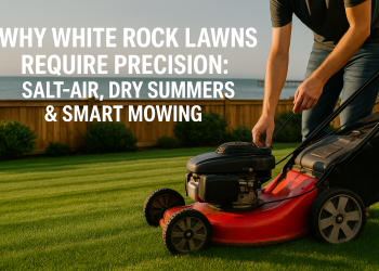 A homeowner on a striped, freshly-mowed lawn in White Rock adjusts a mower blade to 3 inches, overlooking a coastal fence with ocean in the background.