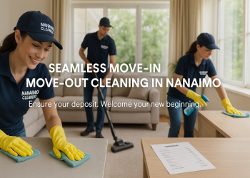 Professional cleaners in a Nanaimo living room, wiping surfaces and vacuuming, with sunlight through clean windows and a check-list visible on a coffee table.