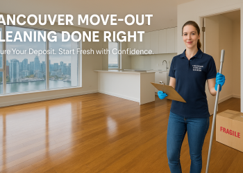 A spotless Vancouver apartment interior with hardwood floors and city views, as a professional cleaner stands ready with checklist and mop beside labeled moving boxes.