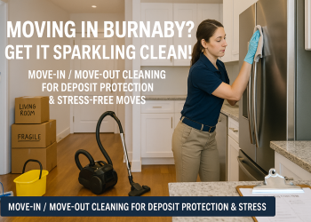 Cleaner wiping down kitchen surfaces in a spotless Burnaby home with labeled boxes and cleaning tools in view.