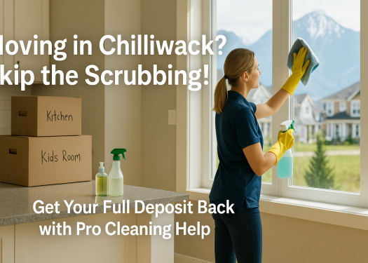 Professional cleaner wiping a kitchen counter in a bright Chilliwack home with labeled moving boxes and Fraser Valley scenery in the background.