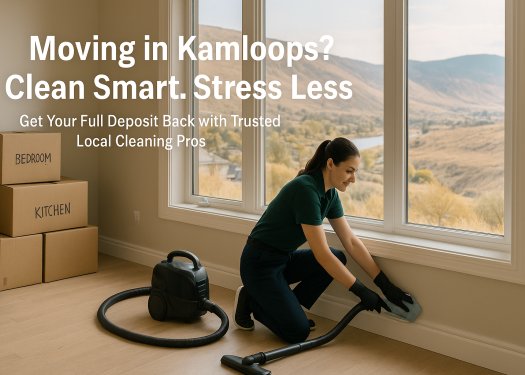 A professional cleaner wiping baseboards in a spotless Kamloops home with moving boxes stacked neatly and sage-covered hills visible through the window