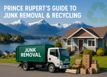 Junk removal truck parked outside a home in Prince Rupert BC with mountains and water in background, symbolizing local service and sustainability.