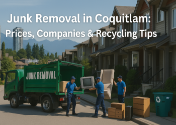 Junk removal truck and workers clearing out old furniture in a Coquitlam townhouse neighborhood with mountain views in the background