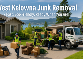Junk removal team loading a truck outside a West Kelowna lakeside home, emphasizing eco-friendly cleanup.