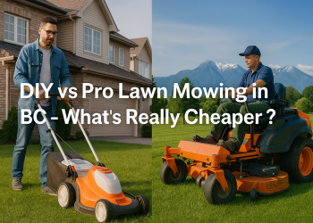 Comparison of a BC homeowner mowing a lawn and a professional landscaper on a ride-on mower, representing DIY vs pro lawn mowing costs