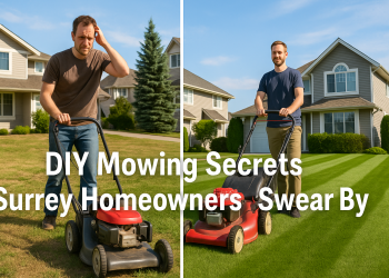 Comparison of a Surrey homeowner mowing a patchy lawn beside a neighbor with a beautifully striped lawn, illustrating DIY lawn care tips