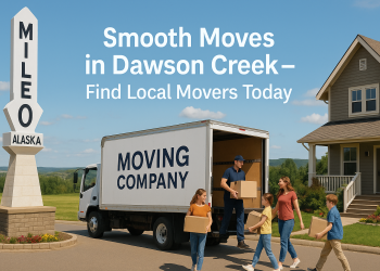 Family unloading moving boxes by the Mile Zero monument in Dawson Creek