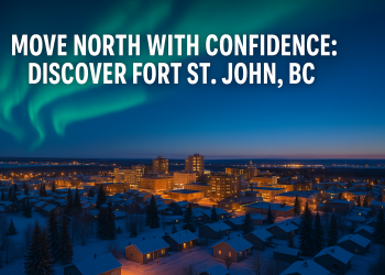 Fort St. John at twilight with northern lights, snowy rooftops, and glowing city skyline.