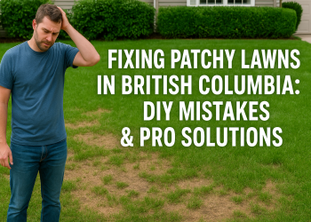 Frustrated BC homeowner standing on a lawn with brown patches and uneven grass, contrasted by a lush green neighbor’s lawn. Text overlay highlights patchy lawn repair theme