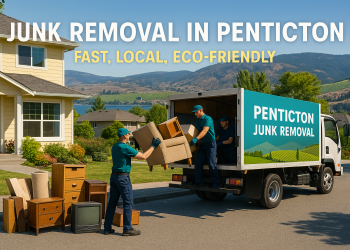 Junk removal team clears clutter in a Penticton neighborhood with Skaha Lake and vineyards in the background, showing efficient and friendly local service.
