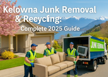 Kelowna junk removal crew loading items into a truck with mountains and lake in the background.