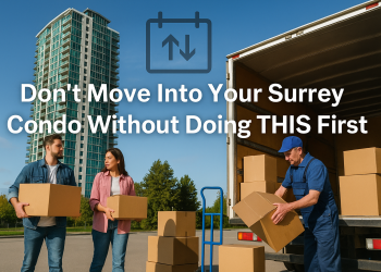 Modern condo in Surrey, BC with moving boxes and a truck in front, symbolizing a moving day and strata rules