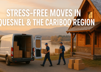 Movers unloading boxes from a van by the riverside in Quesnel, BC.