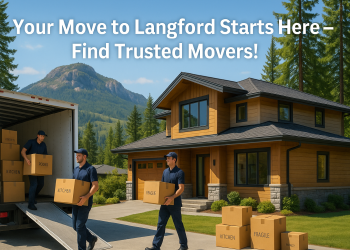 Professional movers unload a truck at a home in Langford, BC with Bear Mountain in the background under a sunny sky