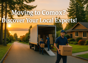 Professional movers unload a truck on a calm Comox street with ocean and mountain views in the background.