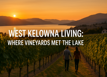 Scenic vineyard sunset overlooking Okanagan Lake in West Kelowna, BC, with mountains and lake views.