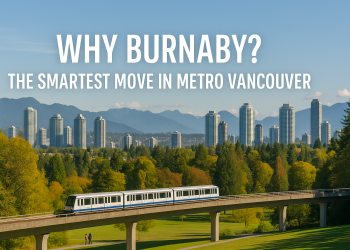 Skyline of Burnaby, BC with high-rises, SkyTrain, and lush parks set against North Shore mountains.