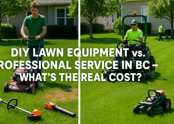 Split-image showing a homeowner with DIY lawn tools on one side and a professional lawn care crew on the other, representing the cost comparison in British Columbia