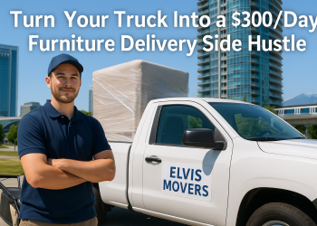 Surrey delivery driver with a loaded pickup truck in front of a condo, promoting furniture delivery as a side hustle.