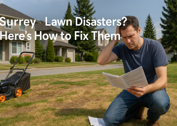 Surrey homeowner examining a damaged lawn with patchy grass and mower problems, illustrating common lawn care mistakes