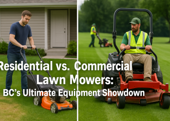 Visual comparison between a Surrey homeowner using a push mower and a professional crew with a zero-turn mower, highlighting the equipment gap in British Columbia